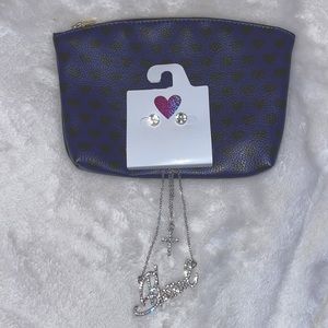 Blessed necklace and stud earrings with a free makeup bag